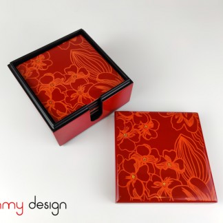 Set of 6 red hand-painted flower coasters with box 